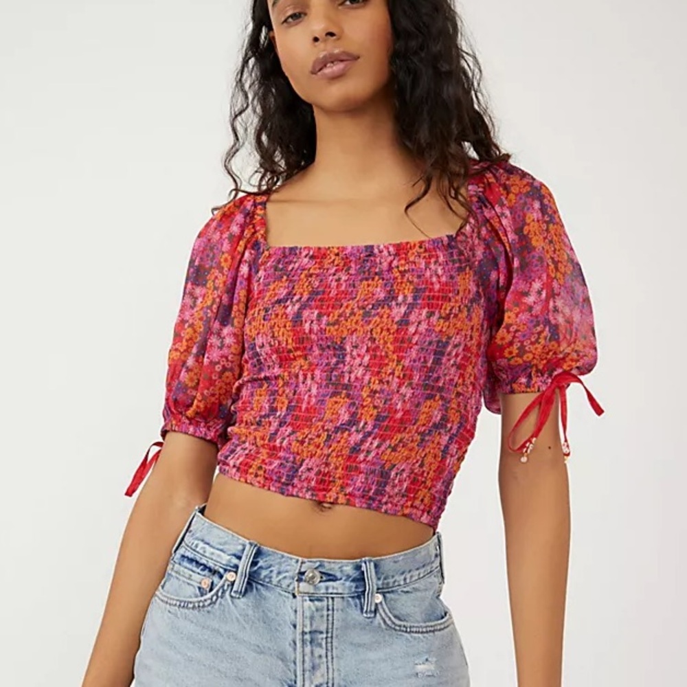 Free People Back On Top Smocked Ditsy Floral Print Puff Sleeve Crop Top
